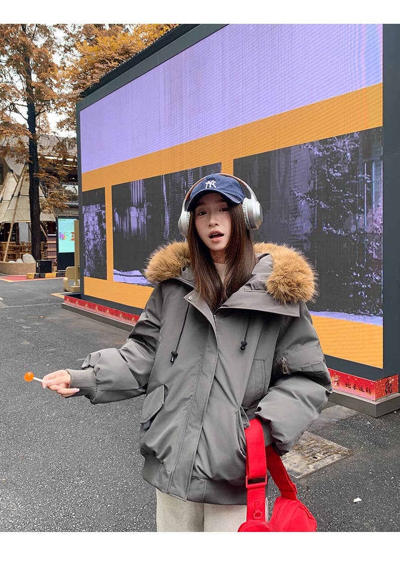 American retro hooded wool-neck coat