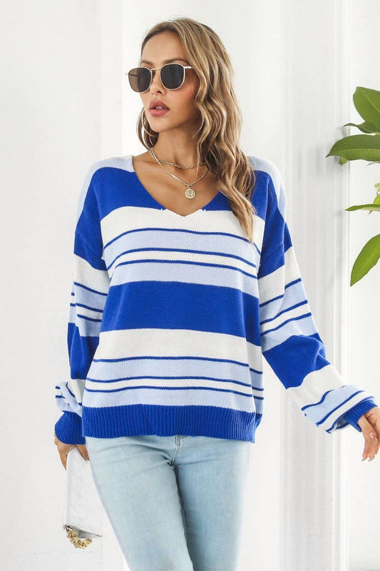 Cwoswl4085_Striped Gradient V-Neck Long Sleeve Knit Sweater