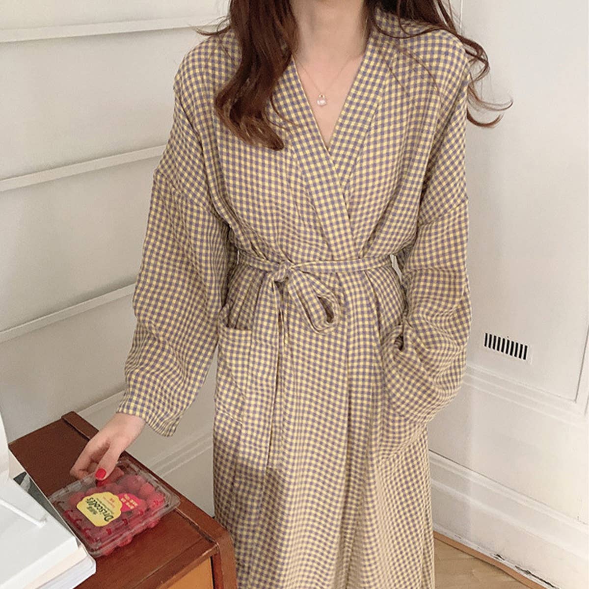 Long front-opening laced home gown gown