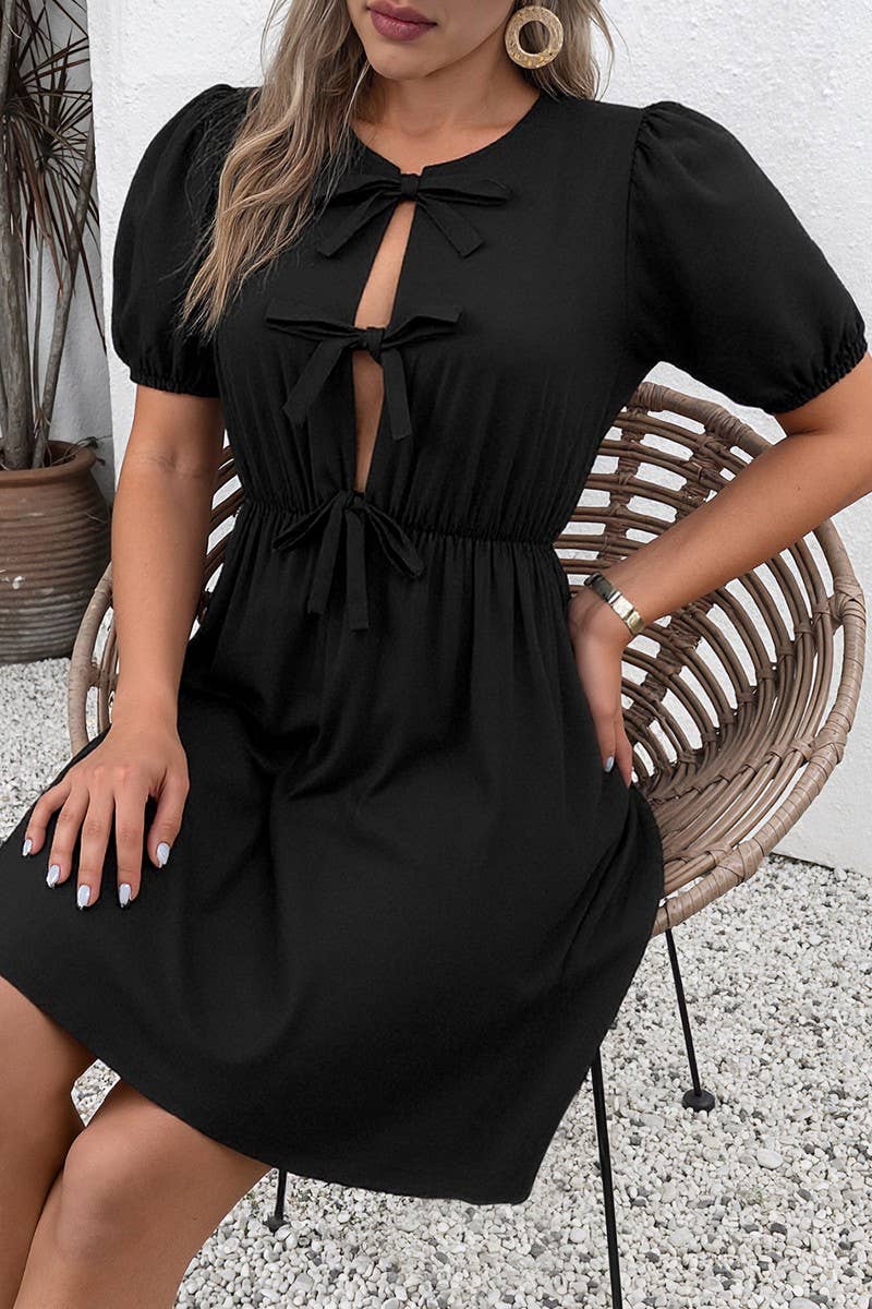 CWDSD7519_ROUND NECK BOW TIE DETAILRETRO STRIPED DRESS