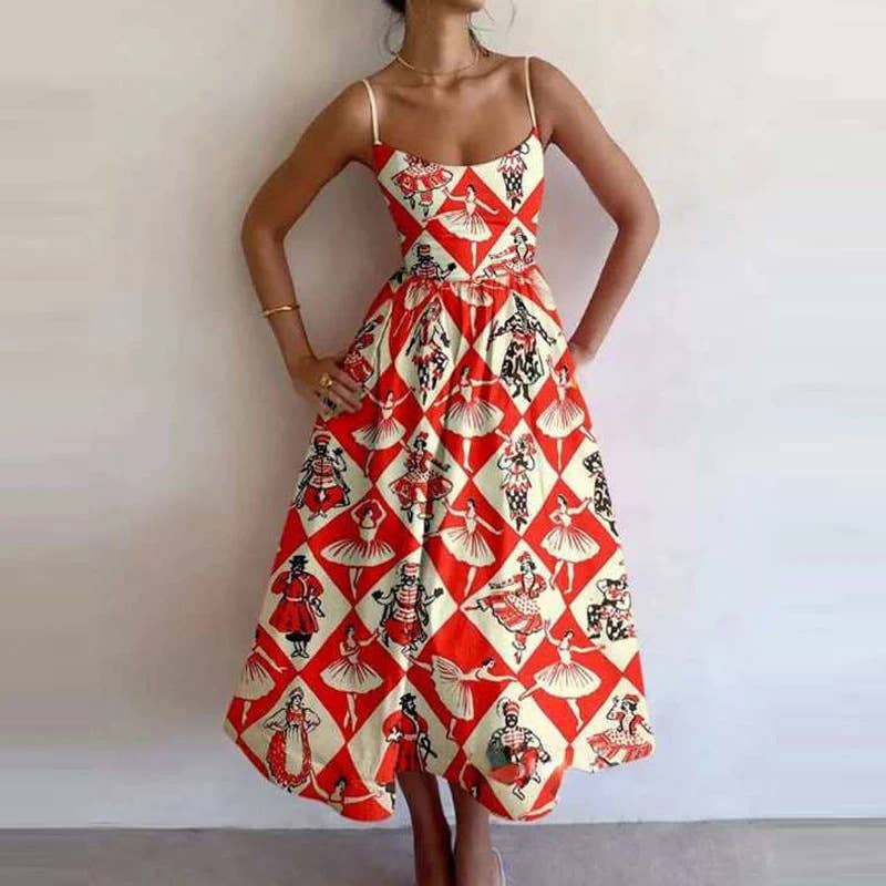 Fashion printed cinched waist,large halter dress