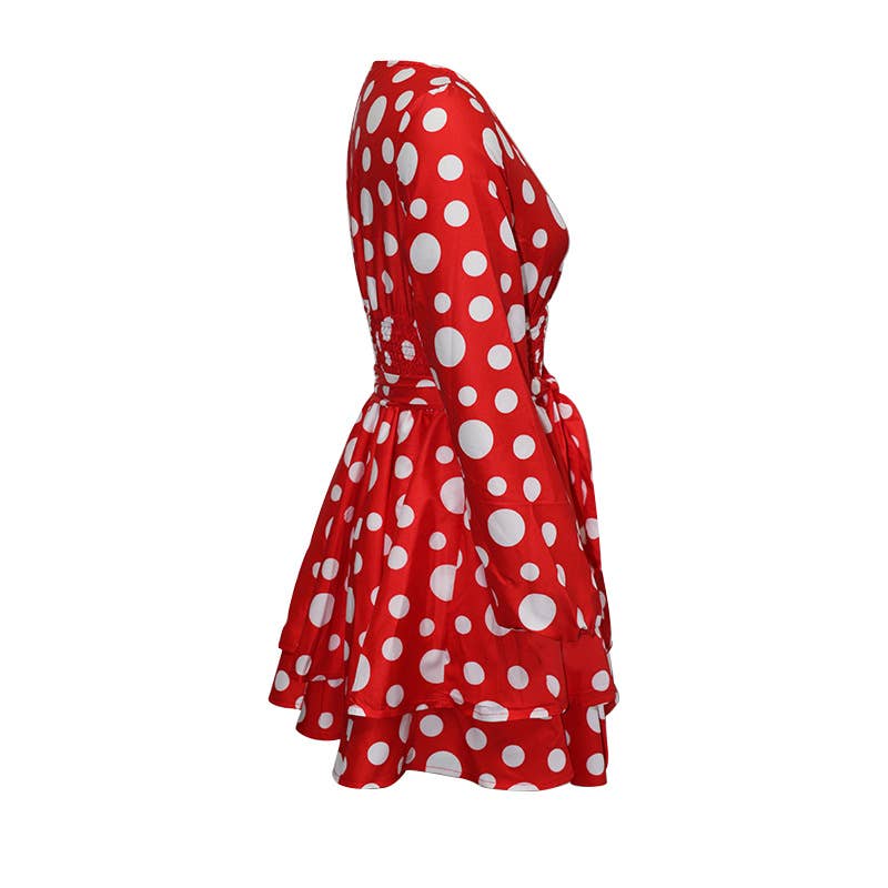 V-NECK LONG-SLEEVED POLKA DOT FASHION DRESS