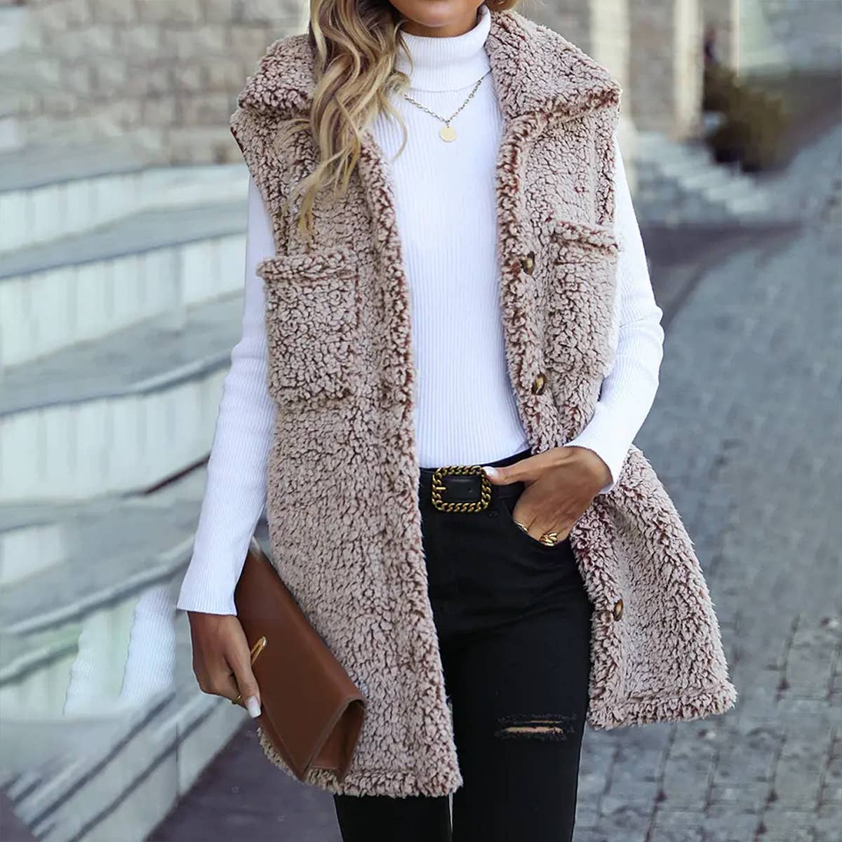 WOMEN BUTTON DOWN LAPEL SLEEVELESS FLEECE JACKET_CWOJA0626