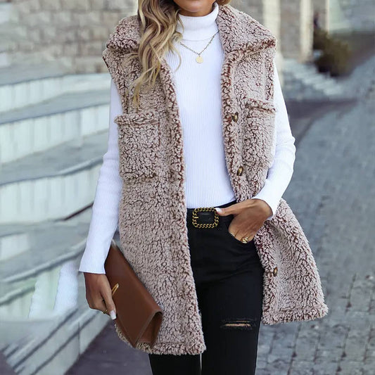 WOMEN BUTTON DOWN LAPEL SLEEVELESS FLEECE JACKET_CWOJA0626