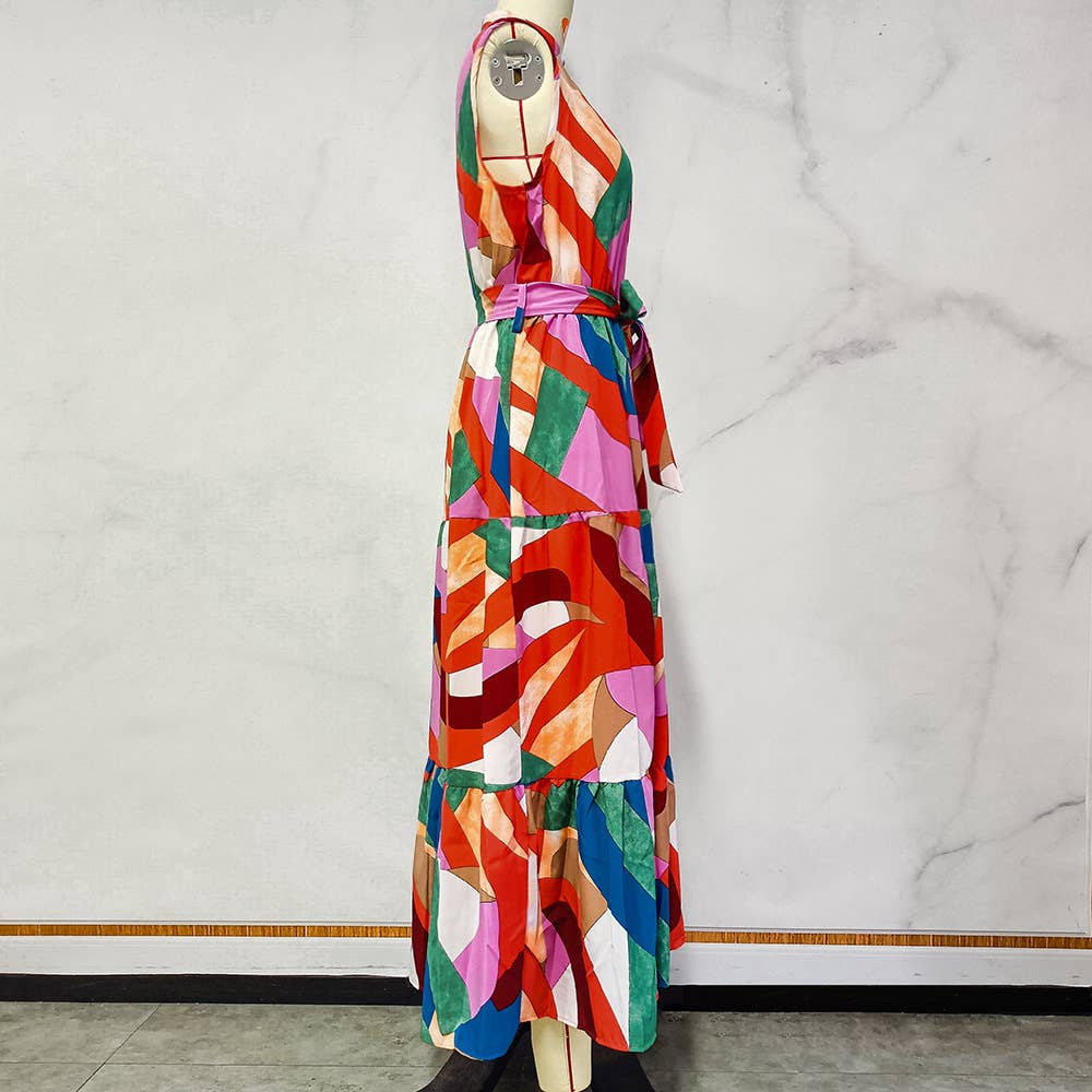 STAND COLLAR PRINT BOHO HOLIDAY SLEEVELESS DRESS