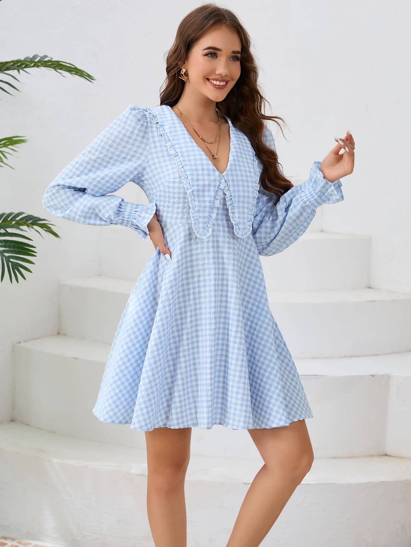 Plaid V-Neck Long Sleeve Fit and Flare Dress