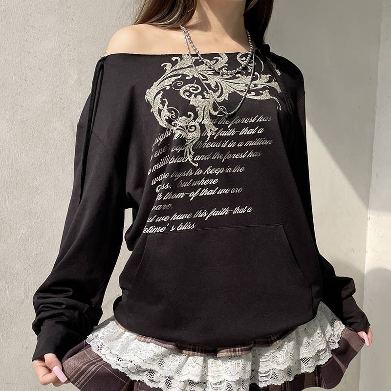 VINTAGE PRINT LOOSE PULLOVER LONG-SLEEVED HOODIE