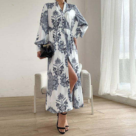 PRINTED V-NECK LONG SLEEVE LONG DRESS