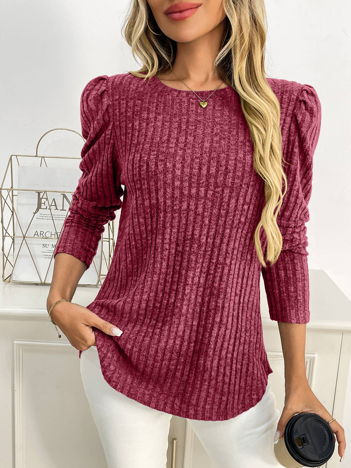 Round-neck puffed-sleeve brushed striped T-shirt