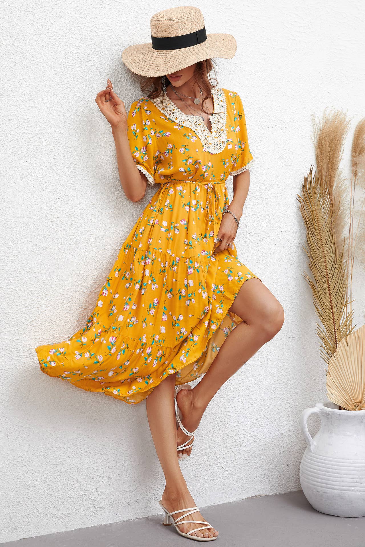 FASHION FLORAL V-NECK SHORT-SLEEVED DRESS
