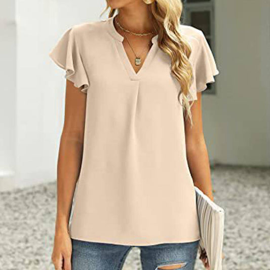 V-neck fly sleeve short sleeve solid color top