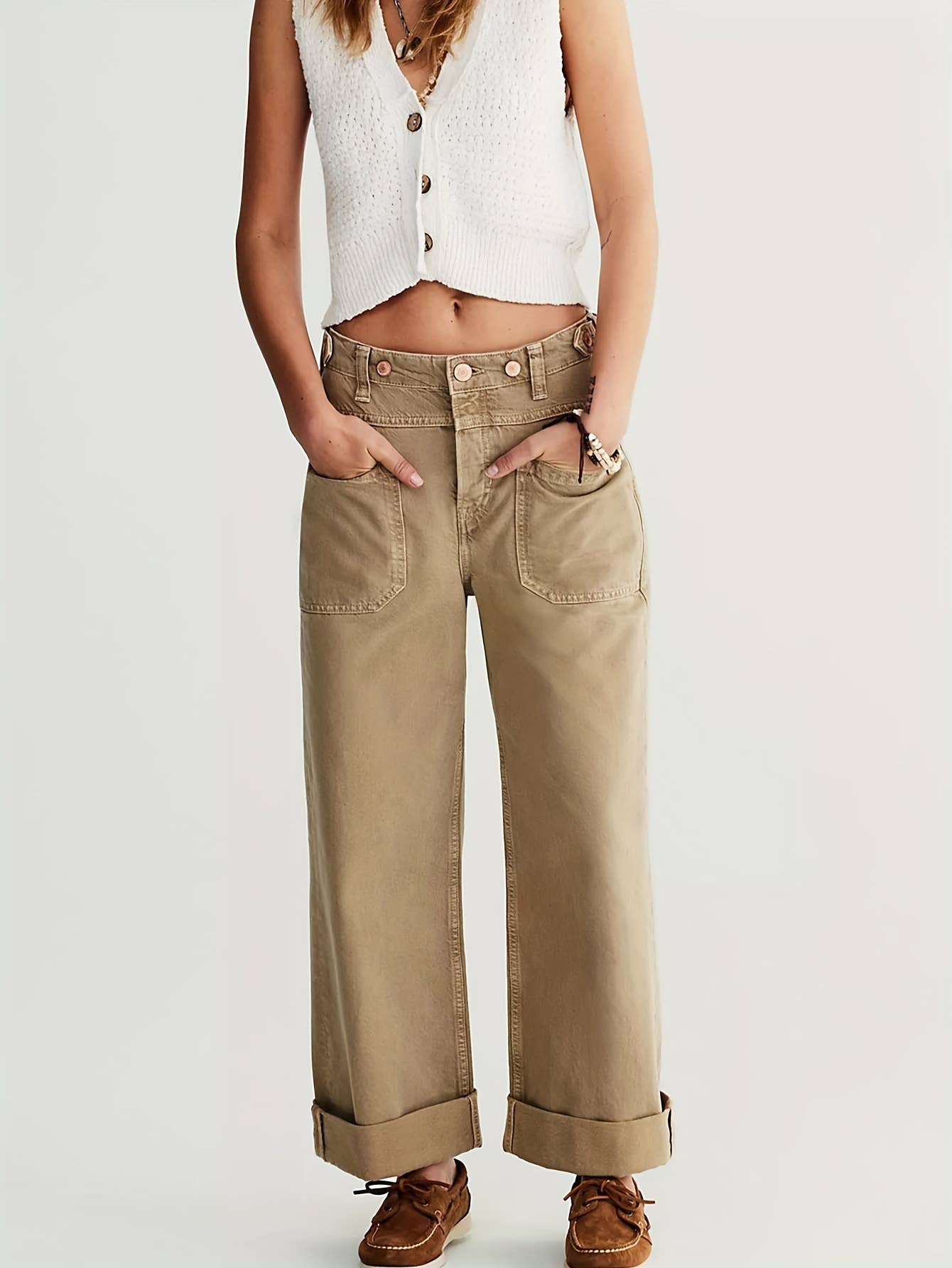 Non-elastic washed straight-leg workwear jeans