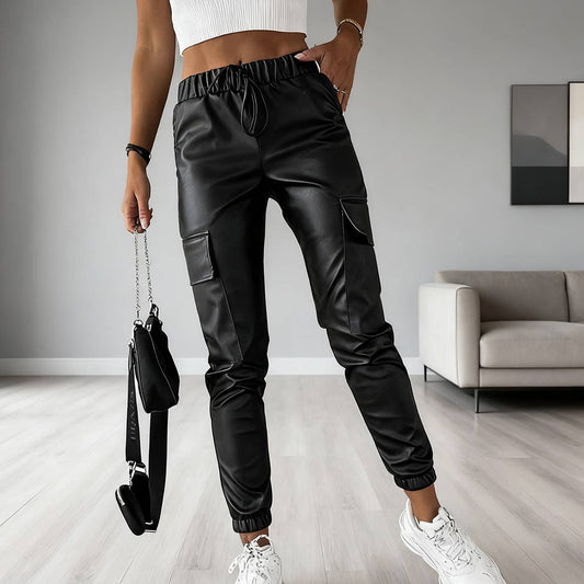 Waist-cinching street drawstring leather pants