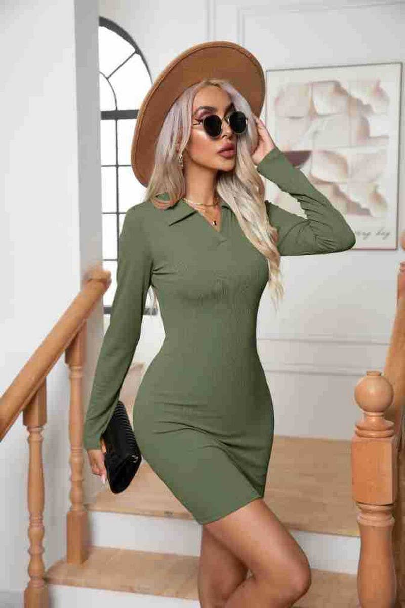CWDSD7334_LAPEL LONG-SLEEVED RIBBED HIP DRESS