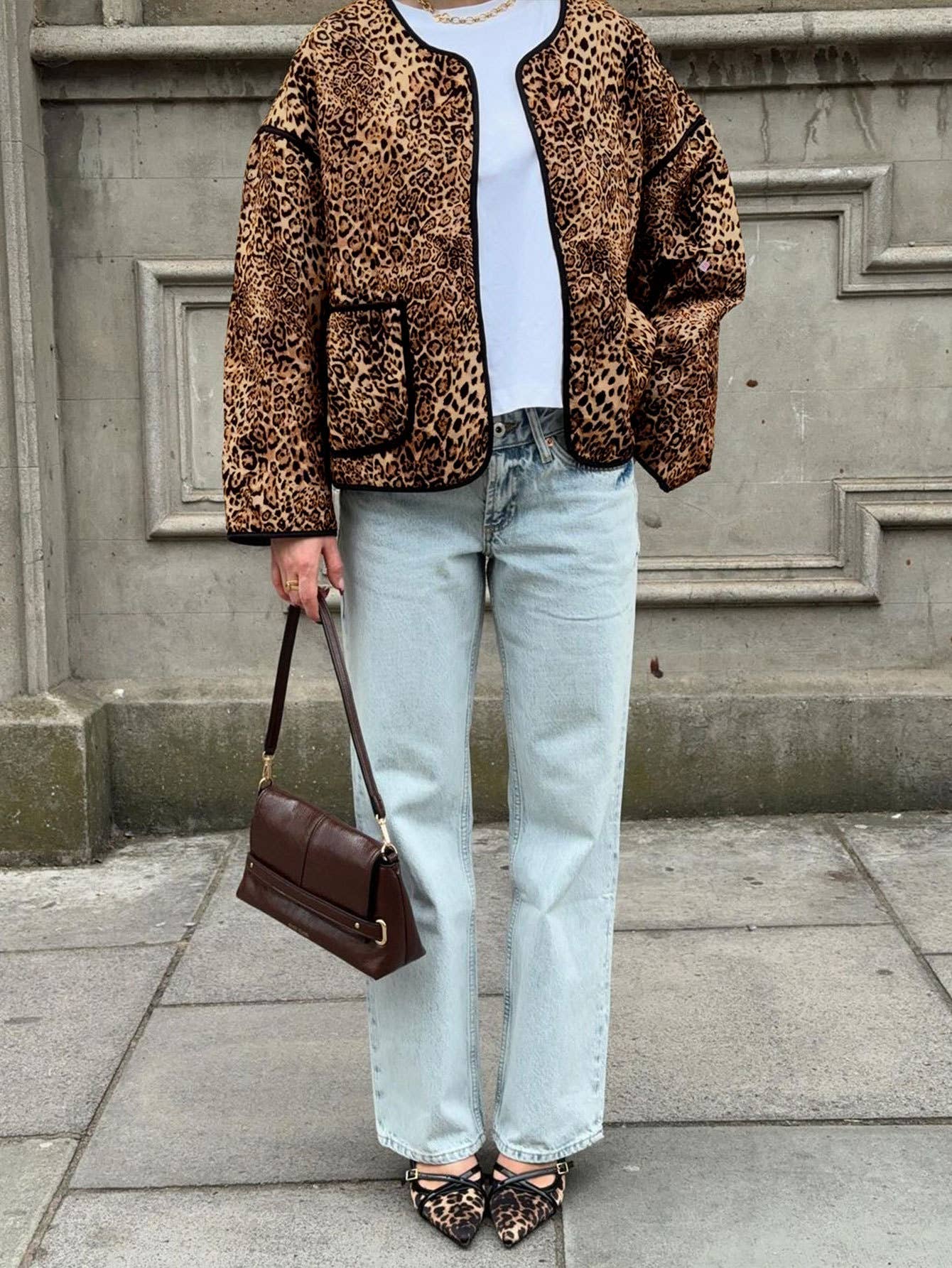 VINTAGE LEOPARD PRINT CREW-NECK UNBUTTONED JACKET
