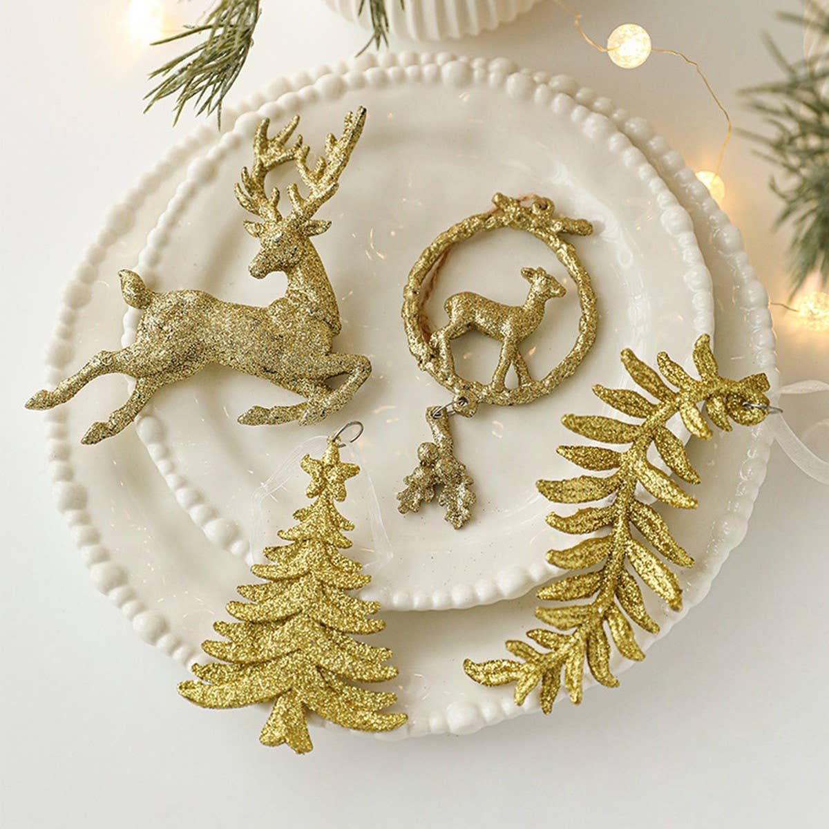 Gold Glitter Plastic Reindeer Christmas Ornament