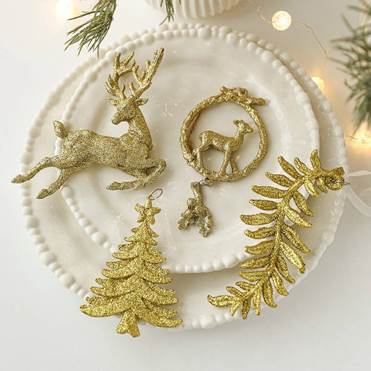 Gold Glitter Plastic Reindeer Christmas Ornament