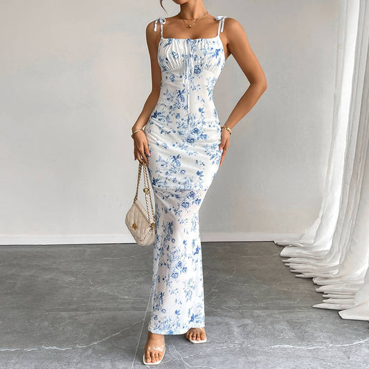 Fashion high-waisted printed halter floral dress