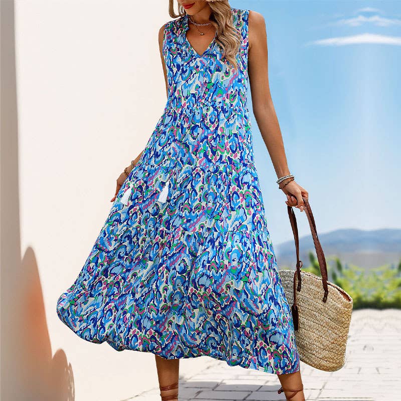 Ethnic print sleeveless V-neck long loose dress
