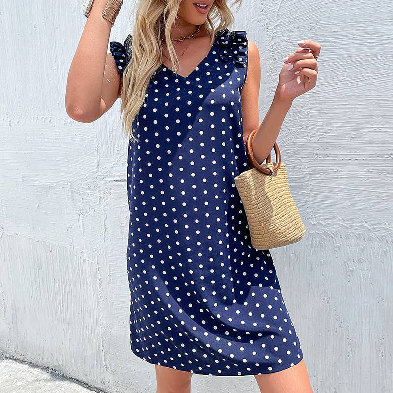 Polka Dot sleeveless pleated V-neck dress