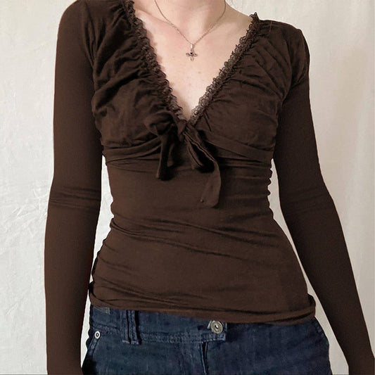 LACE PATCHWORK PLEATED LACE-UP LONG SLEEVE SHIRT