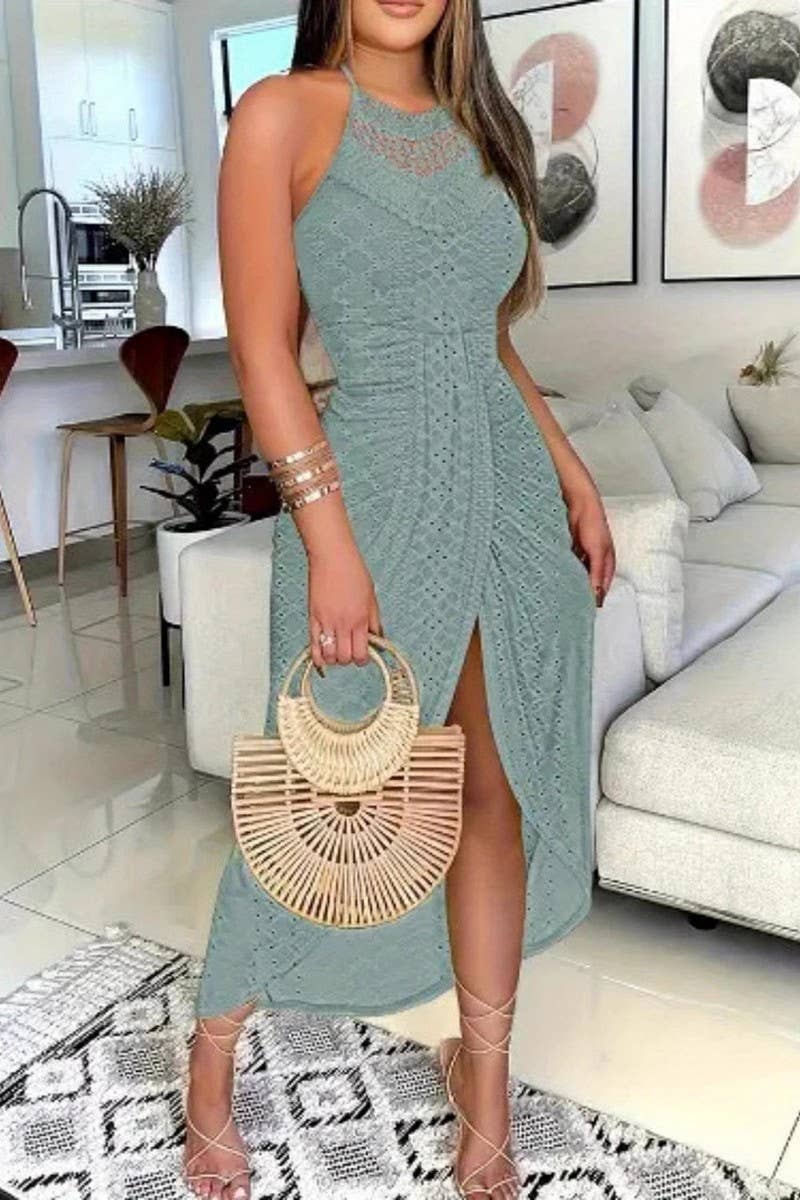 CWDHL1090_SUMMER HOLLOW HALTER NECK FRONT RUFFLE SEXY DRESS