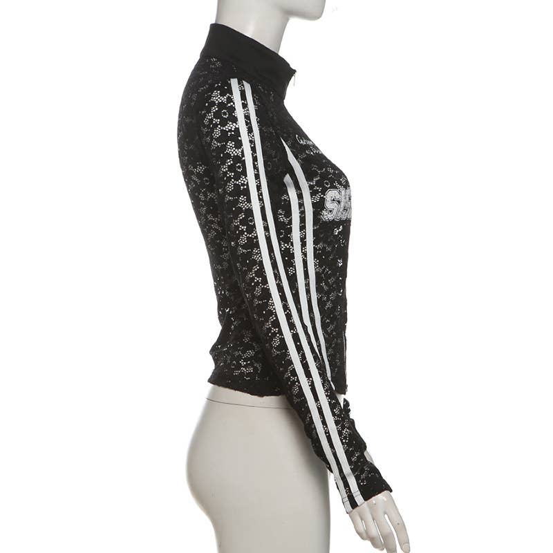 LETTERPRINT CUT-OUT BLAZER STRIPED ZIPPER JACKET