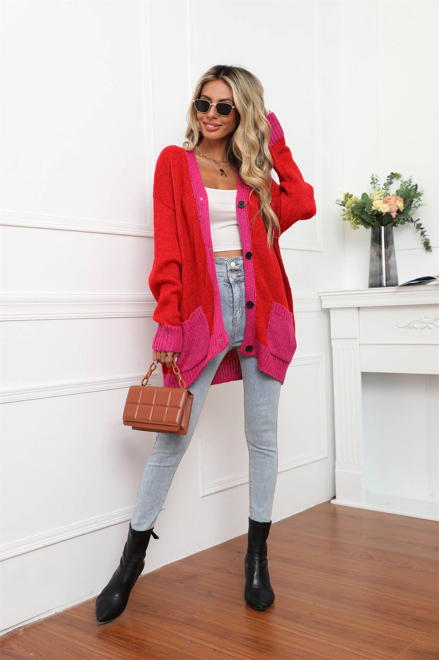 Knit patchwork fashion solid color button cardigan