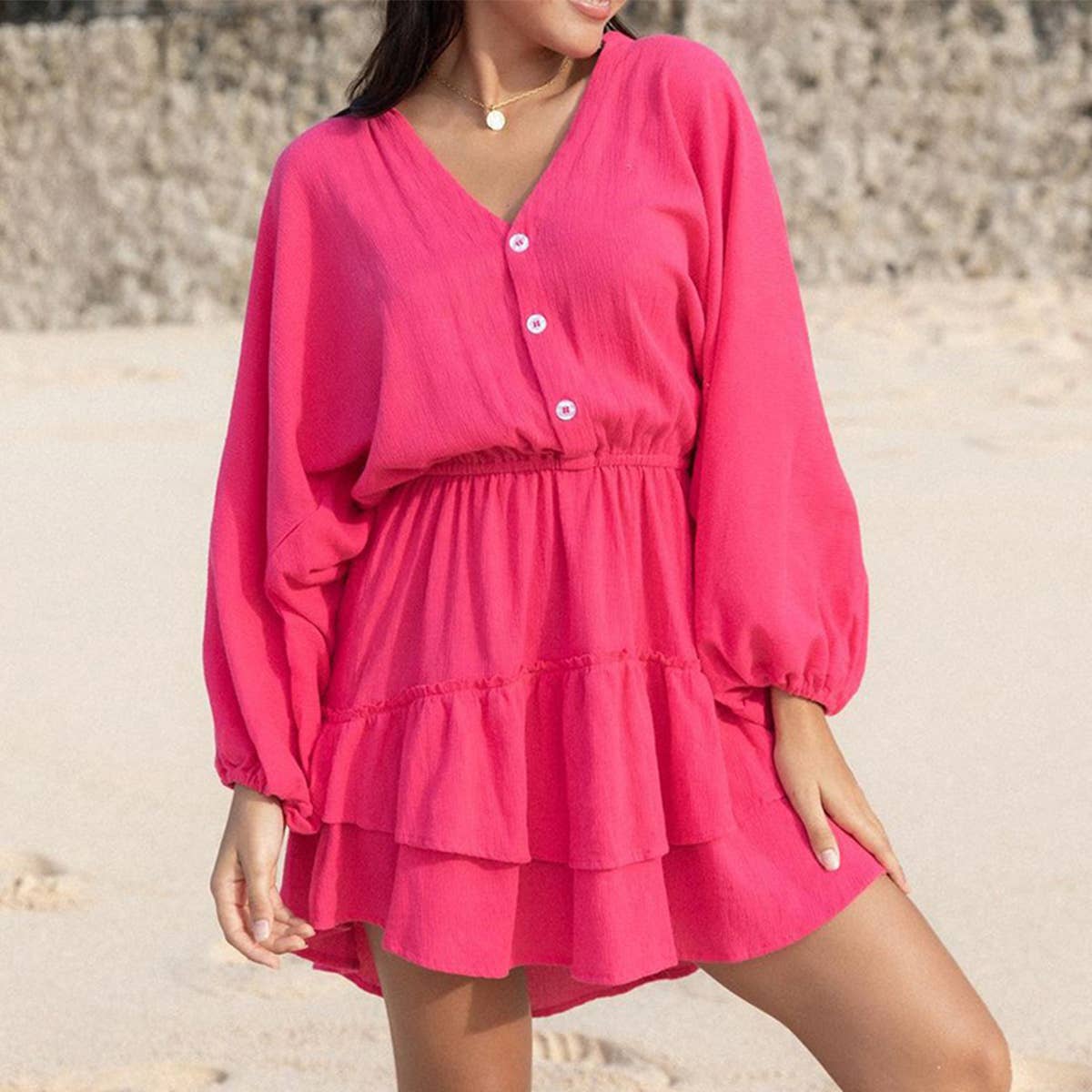 LONG SLEEVE SOLID COLOR COTTON LINEN DRESS