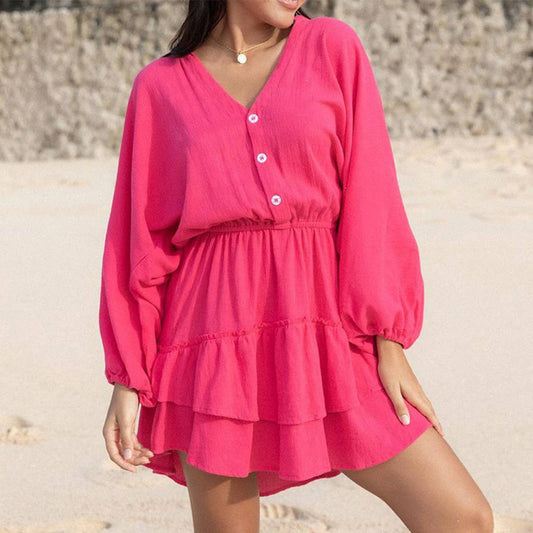 LONG SLEEVE SOLID COLOR COTTON LINEN DRESS