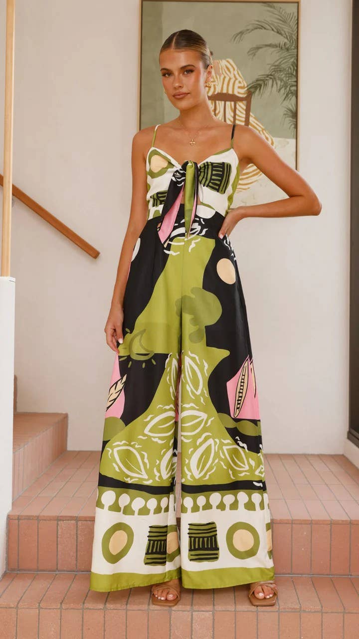 Wide leg straight jumpsuit with halter and knot