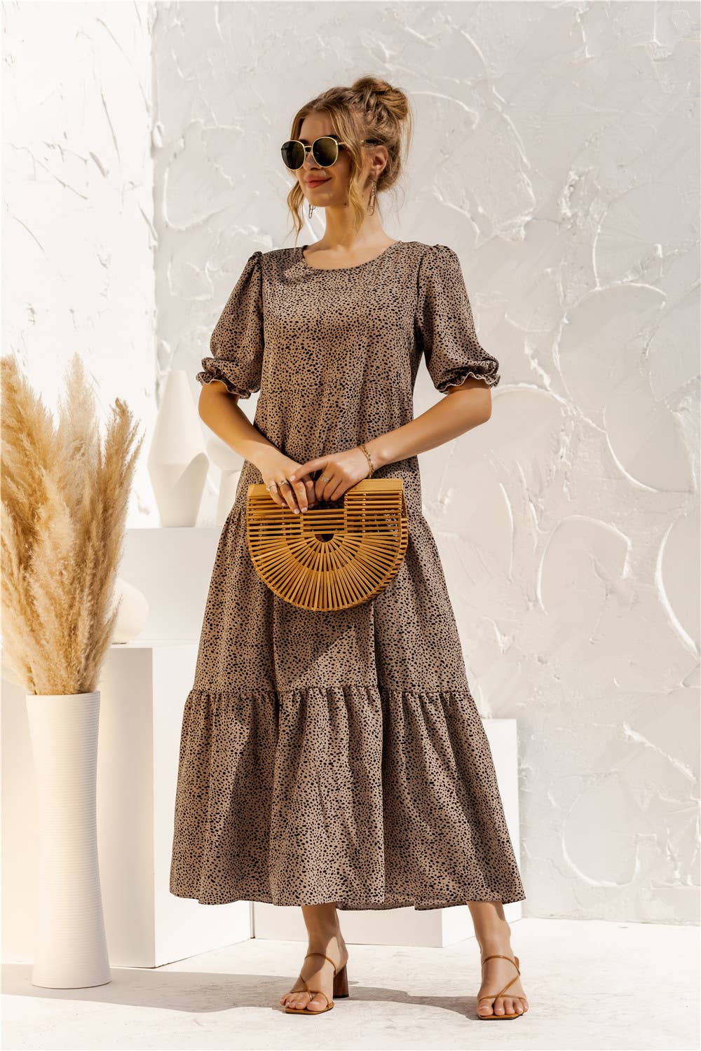 Puffed sleeve polka dot plaid patchwork dress