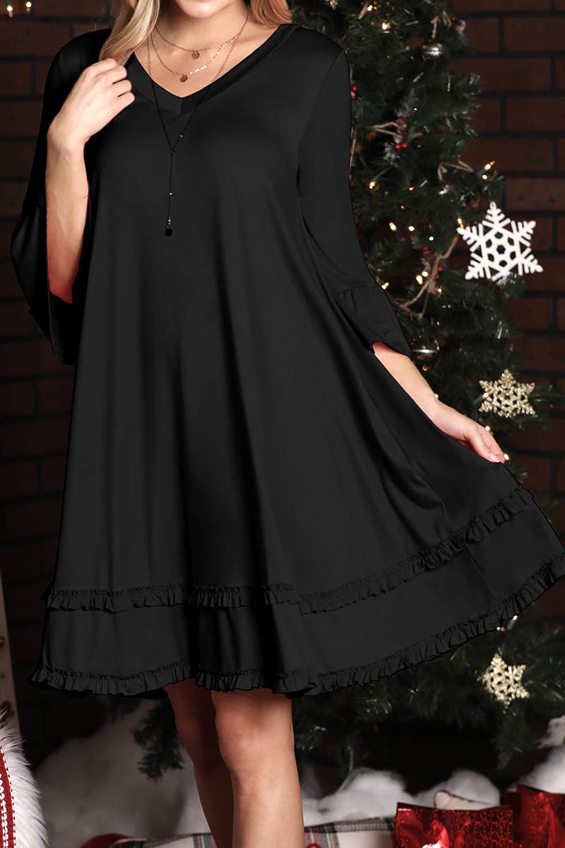 CWDSD10355_SMALL RUFFLE DETAILS 3/4 SLEEVE TIERED DRESS