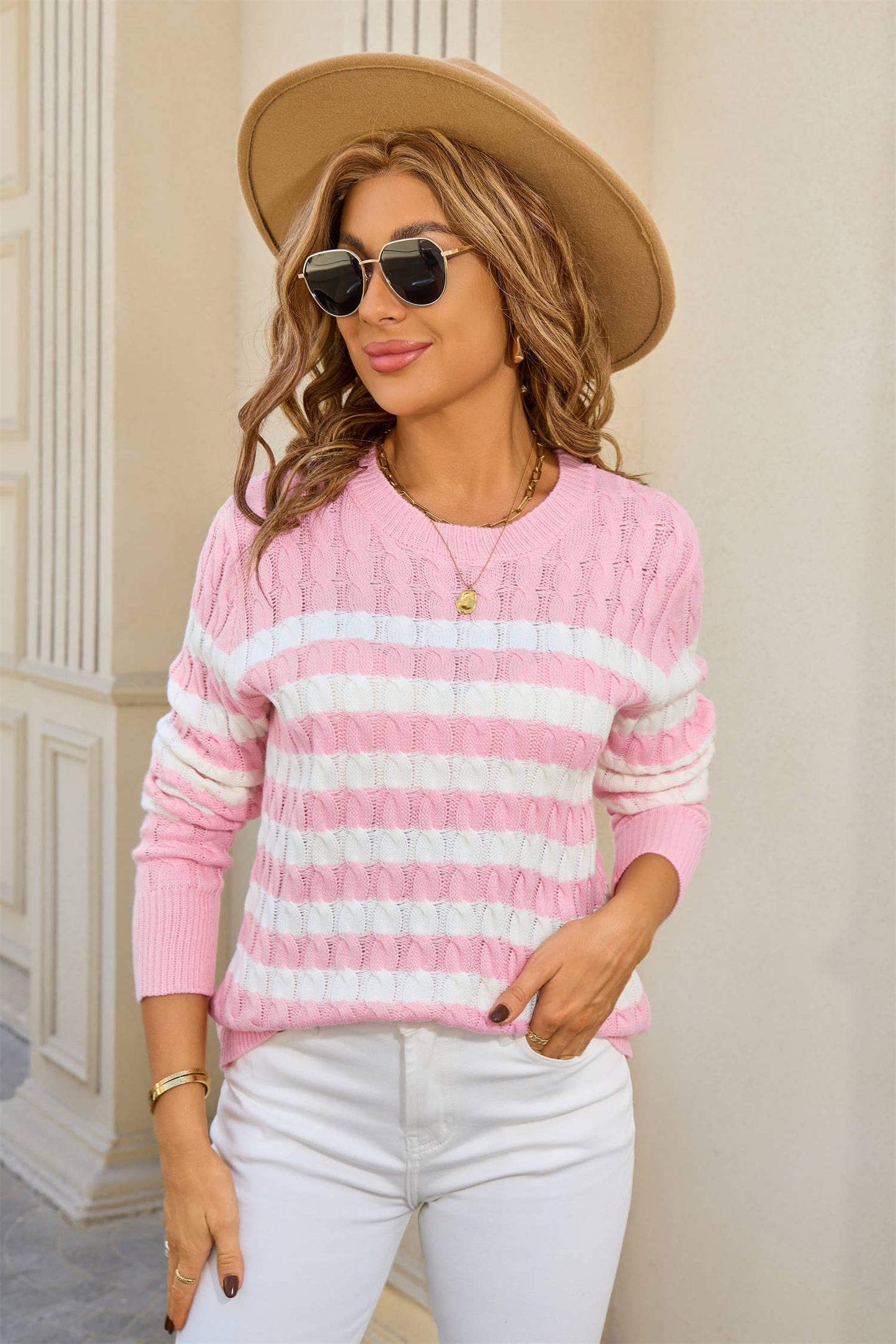 Twisted and color-blocked round-neck sweater