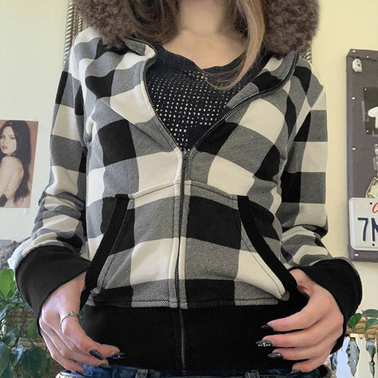 VINTAGE BLACK AND WHITE CHECKERED ZIPPER JACKET