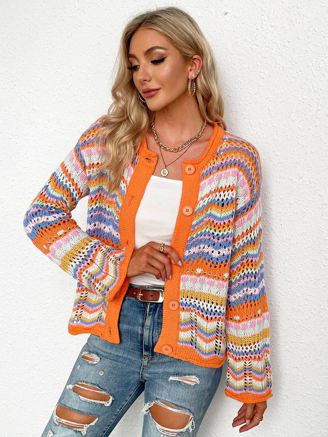 Striped sweater women's loose rainbow knitwear