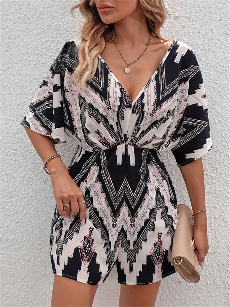 Printed V-neck loose back strap rompers