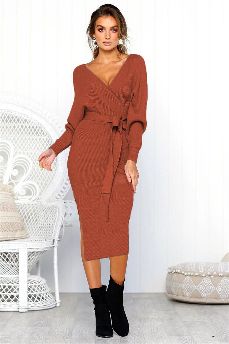 SEXY V-NECK LACE-UP LONG-SLEEVED DRESS