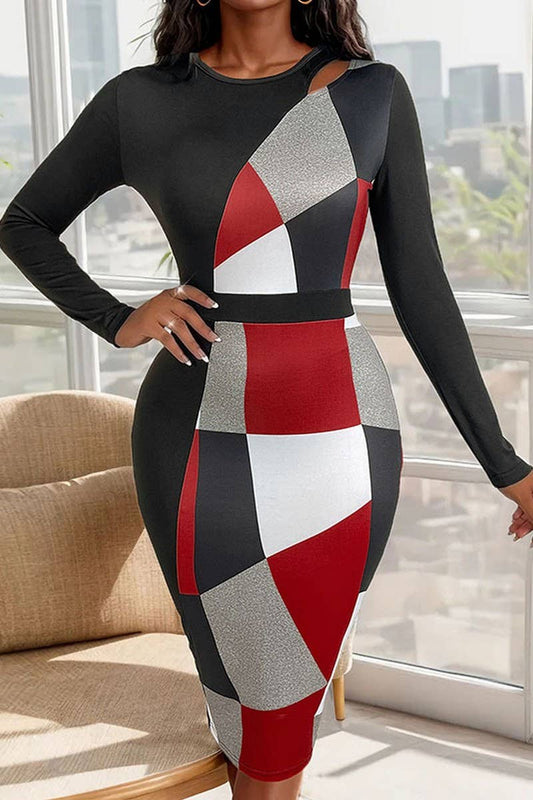 CWDSD5369_GEOMETRIC HIGH WAIST LONG SLEEVE DRESS