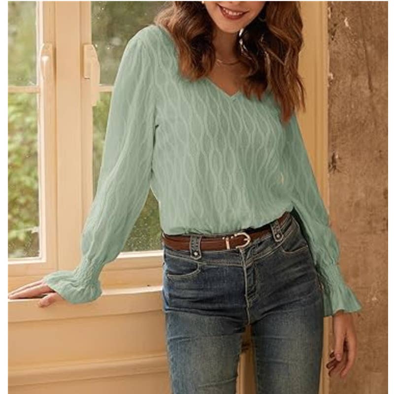 Fashion solid-color V-neck long-sleeved T-shirt