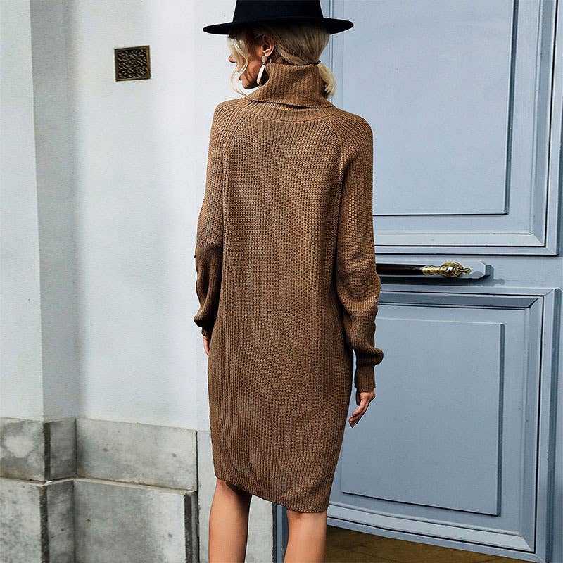 SOLID COLOR SWEATER DRESS WITH HIGH NECK AND SLIT