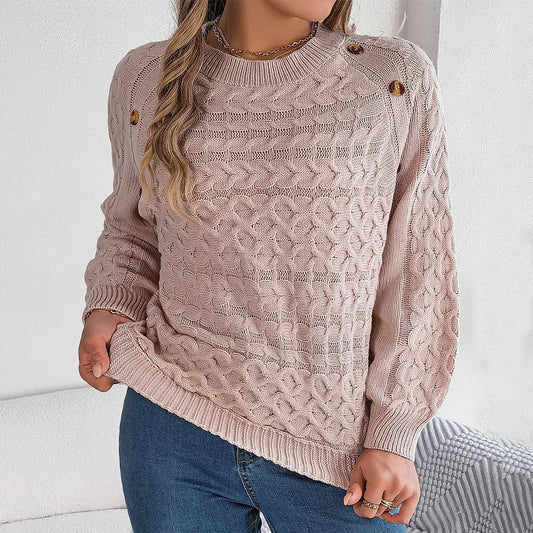 TWIST BUTTON LANTERN SLEEVE PULLOVER SWEATER