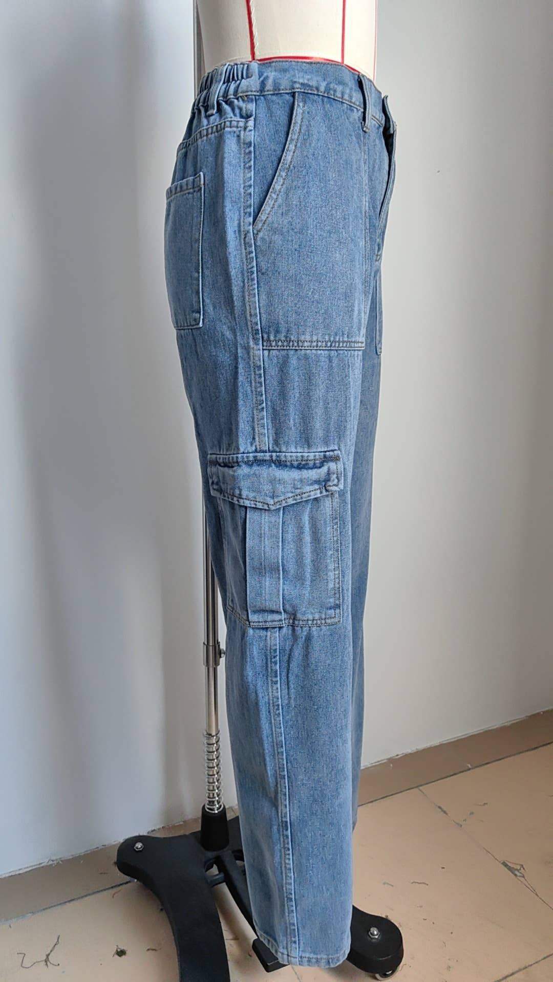 Washed semi-elastic waist denim workwear trousers