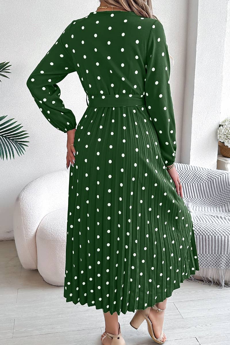 CWDMD3946_FALL V-NECK POLKA-DOT PLEATED LACE-UP DRESS