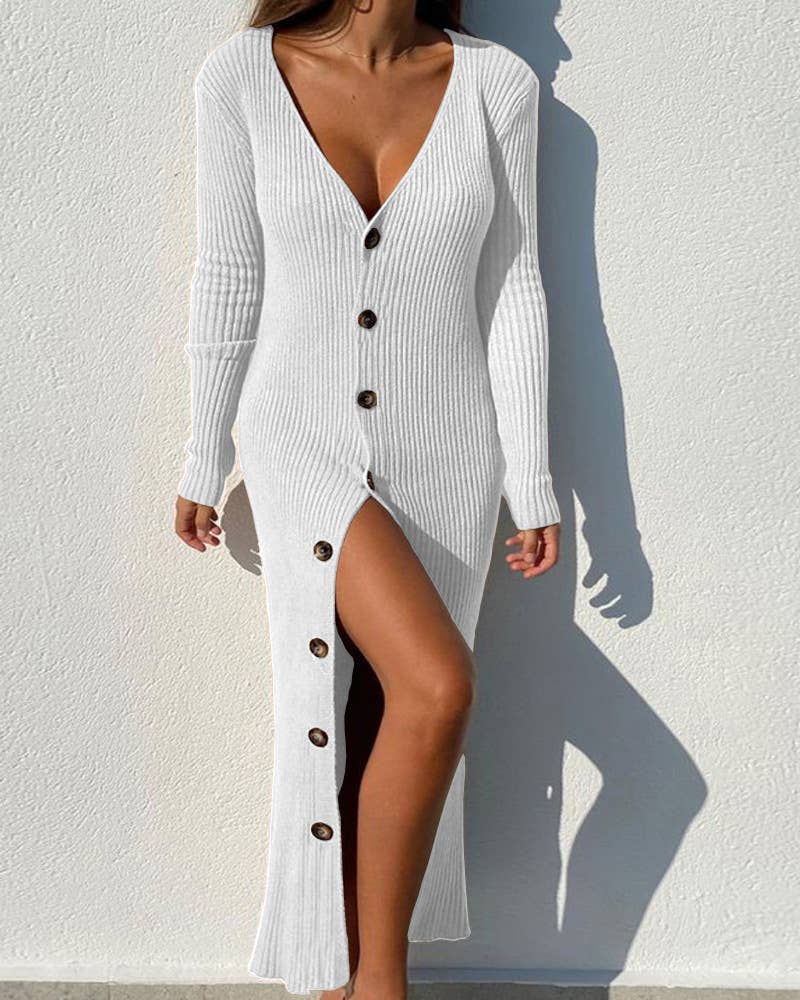 Single-breasted long-sleeved knitted dress