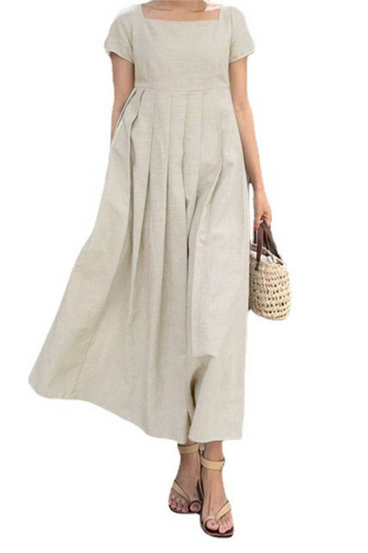 CWDMD3157_COTTON AND LINEN  SQUARE NECK LONG DRESS