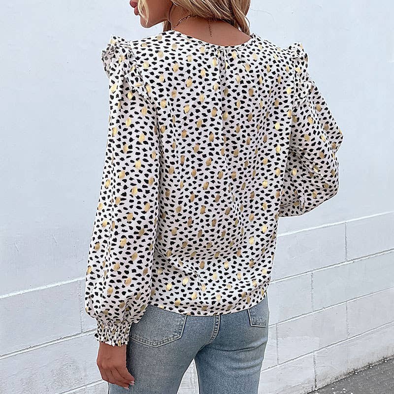 WOMEN LONG SLEEVE V-NECK POLKA DOT RUFFLED SHIRT
