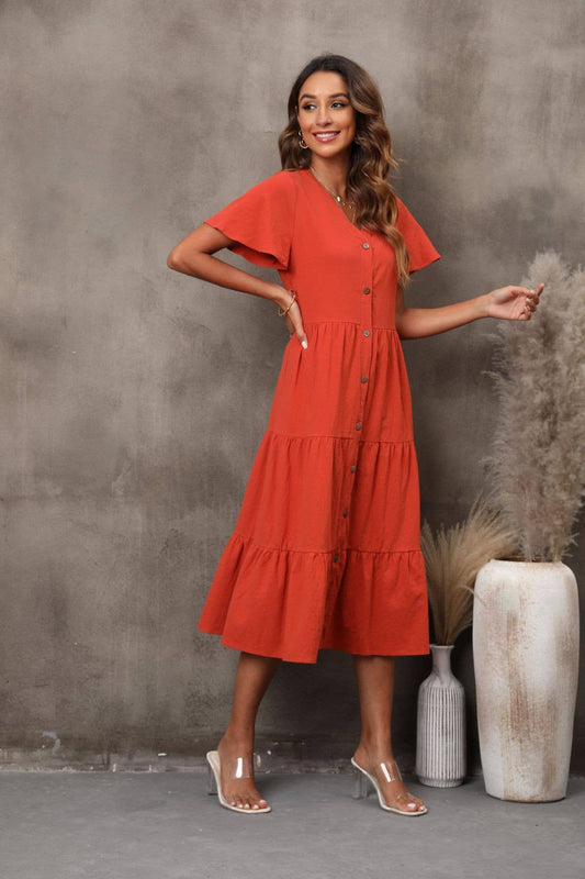V-NECK SHORT-SLEEVED CARDIGAN LONG DRESS