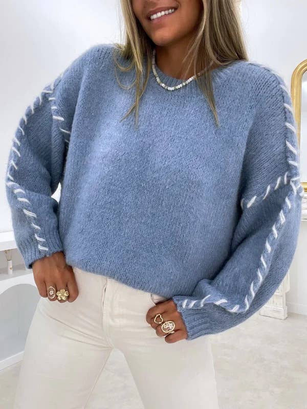 Round neck stitch design loose pullover sweater