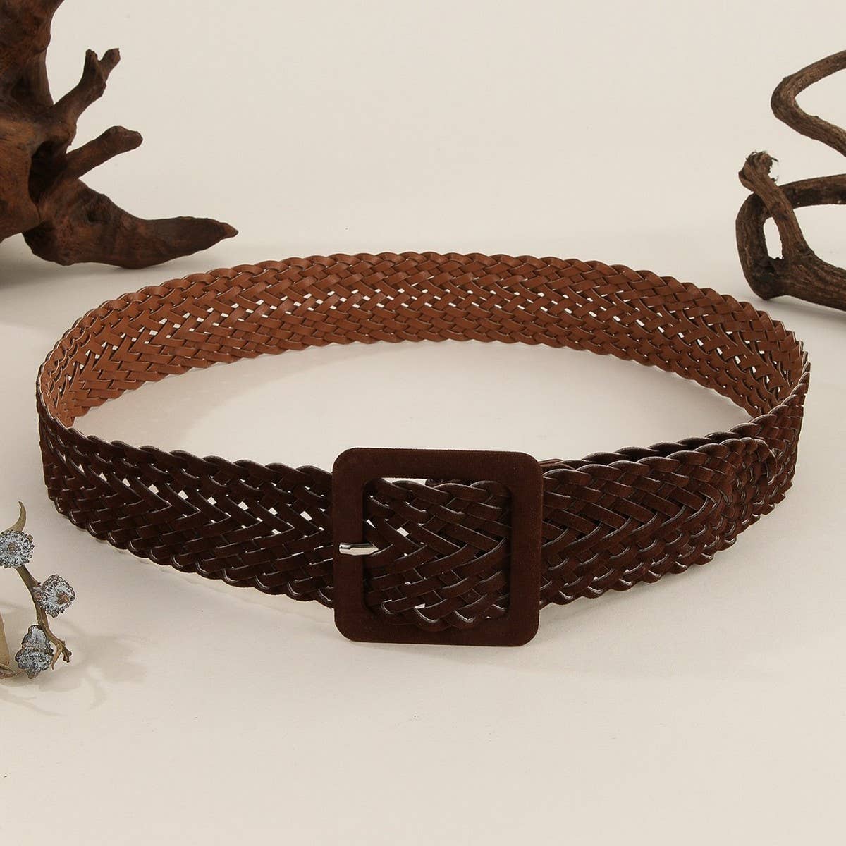 SQUARE BUCKLE SOLID COLOR WOVEN WIDE BELT_CWMM3959